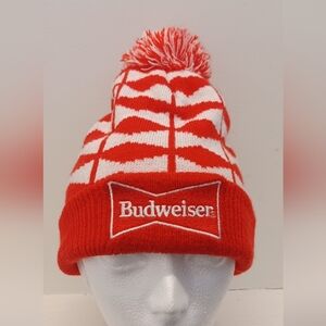 Budweiser Winter Hat Beanie Red White Cap Toque with Pom